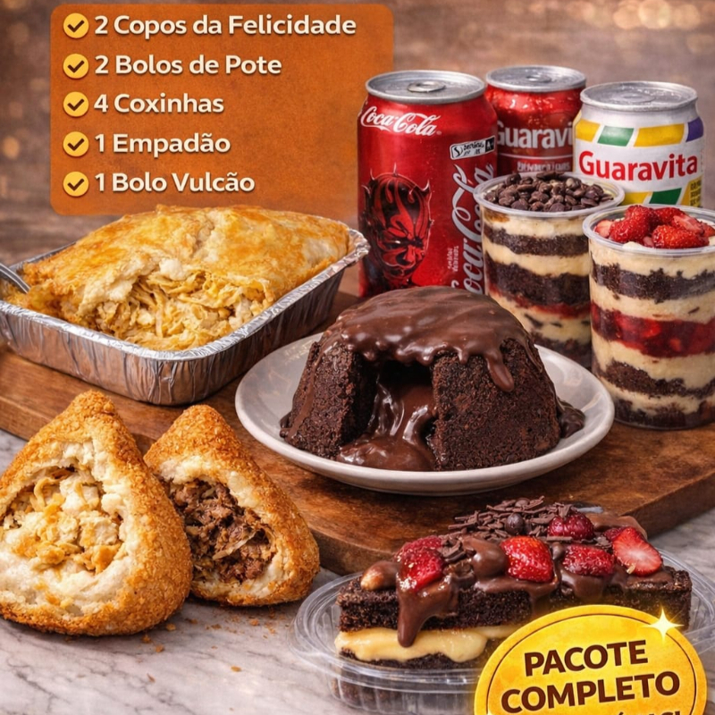 Esse combo e composto de 2 copos da felicidades , 2 bolos de pote, 4 coxinhas, 1 fatia, 1 empadão e 5 guaravita