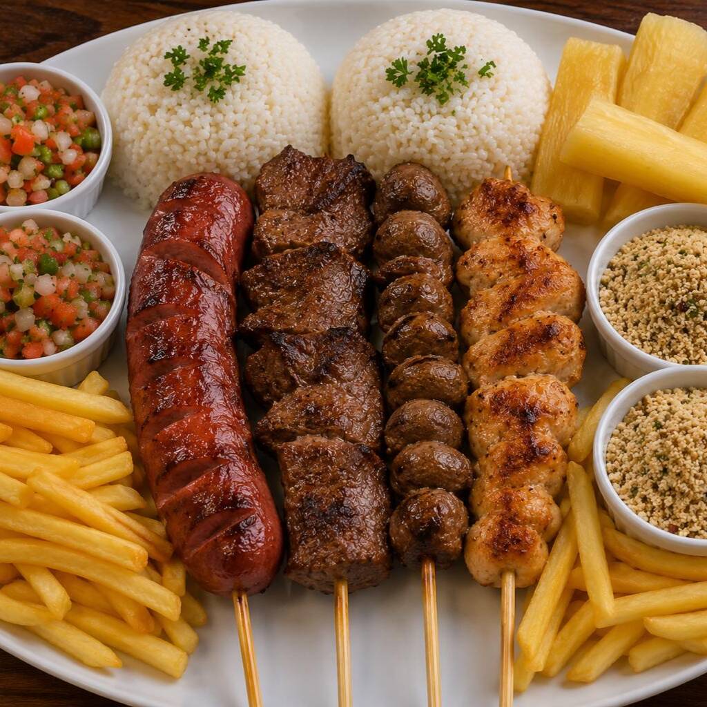 ARROZ-BATATA FRITA ou MANDIOCA-FAROFA-VINAGRETE-4 ESPETOS
