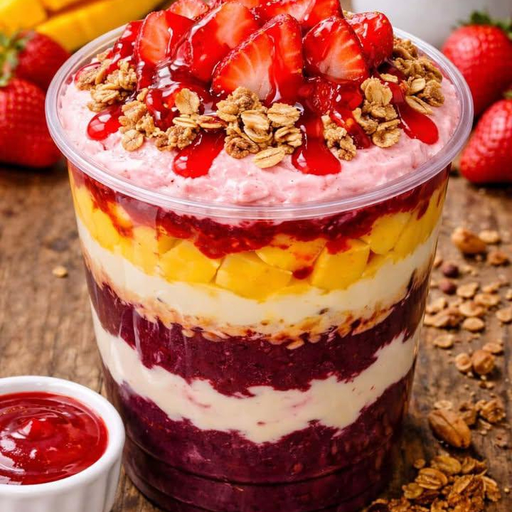 Açai mousse de morango,Manga,leite condensado,morango,Calda de Morango,granola,amendoim