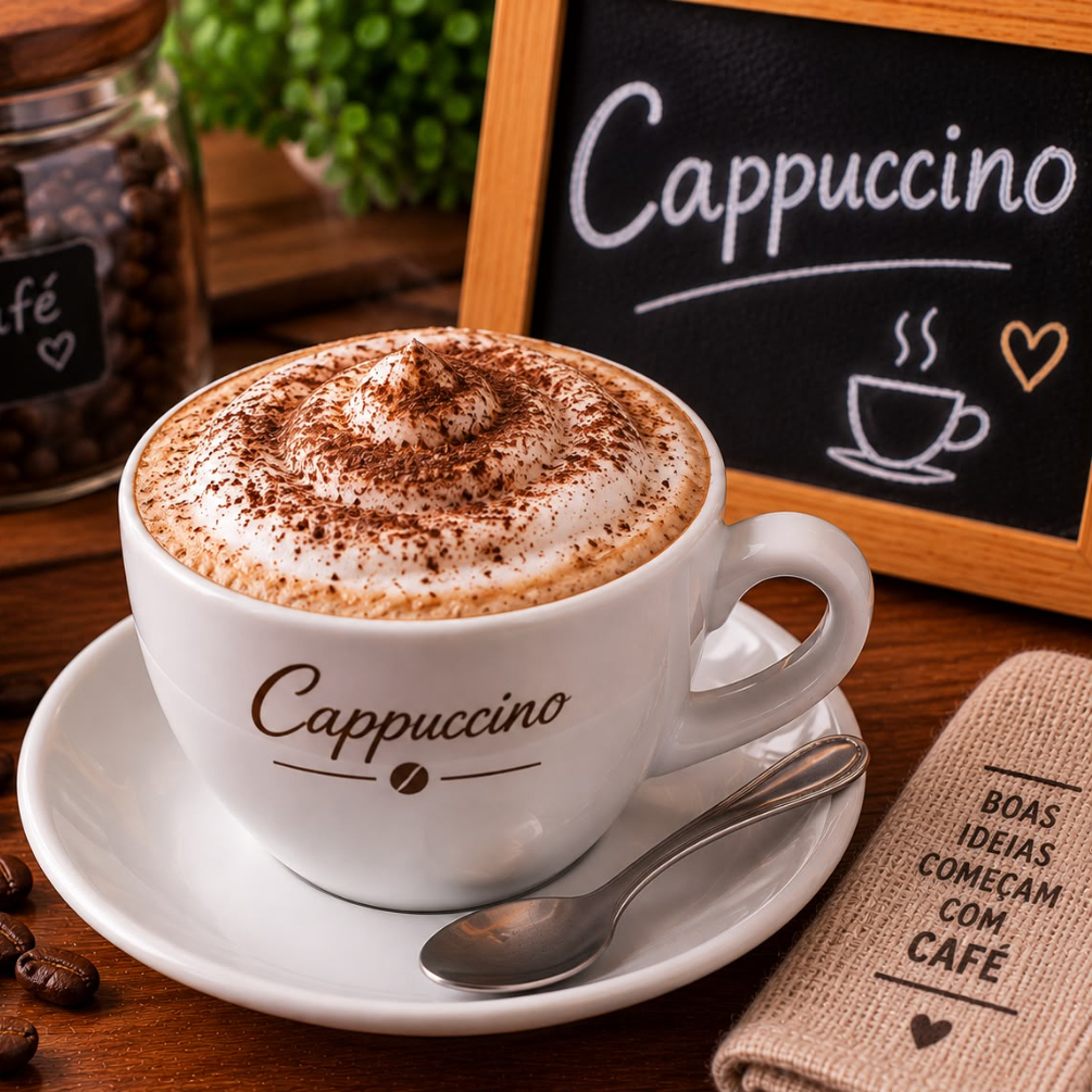 Espresso, chocolate em pó, leite vaporizado