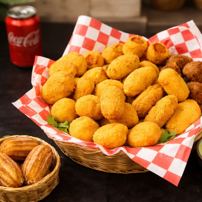Xô Fome: 20 salgadinhos variados (25g cada), 5 churros recheados (25g cada) e 1 Coca-Cola 350ml. Salgados e churros maiores que a média, feitos com ingredientes de qualidade e fritos em gordura vegetal especializada — ficam sequinhos, crocantes e sem gosto forte de óleo. Uma experiência completa, feita com carinho pra você matar a fome com muito sabor!