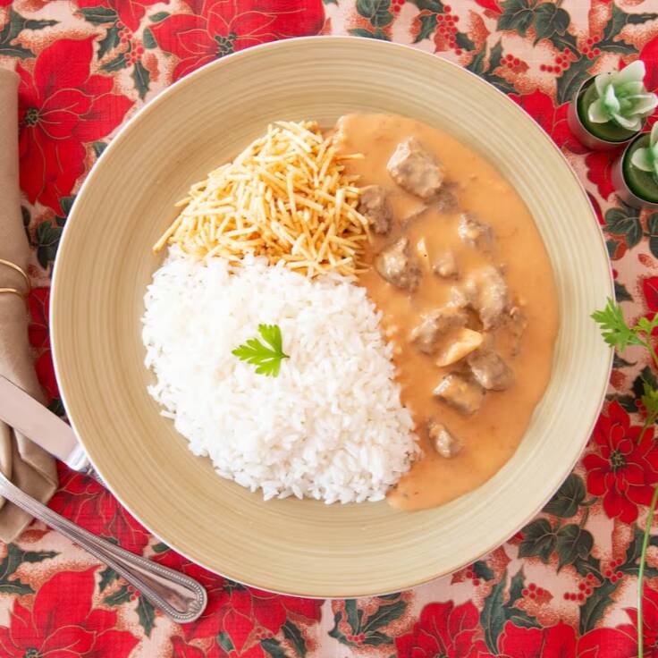 Um delicioso prato de estrogonofe.