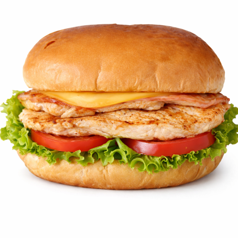 acompanham pão, maionese, hambúrguer, queijo, presunto, alface, tomate e batata palha.