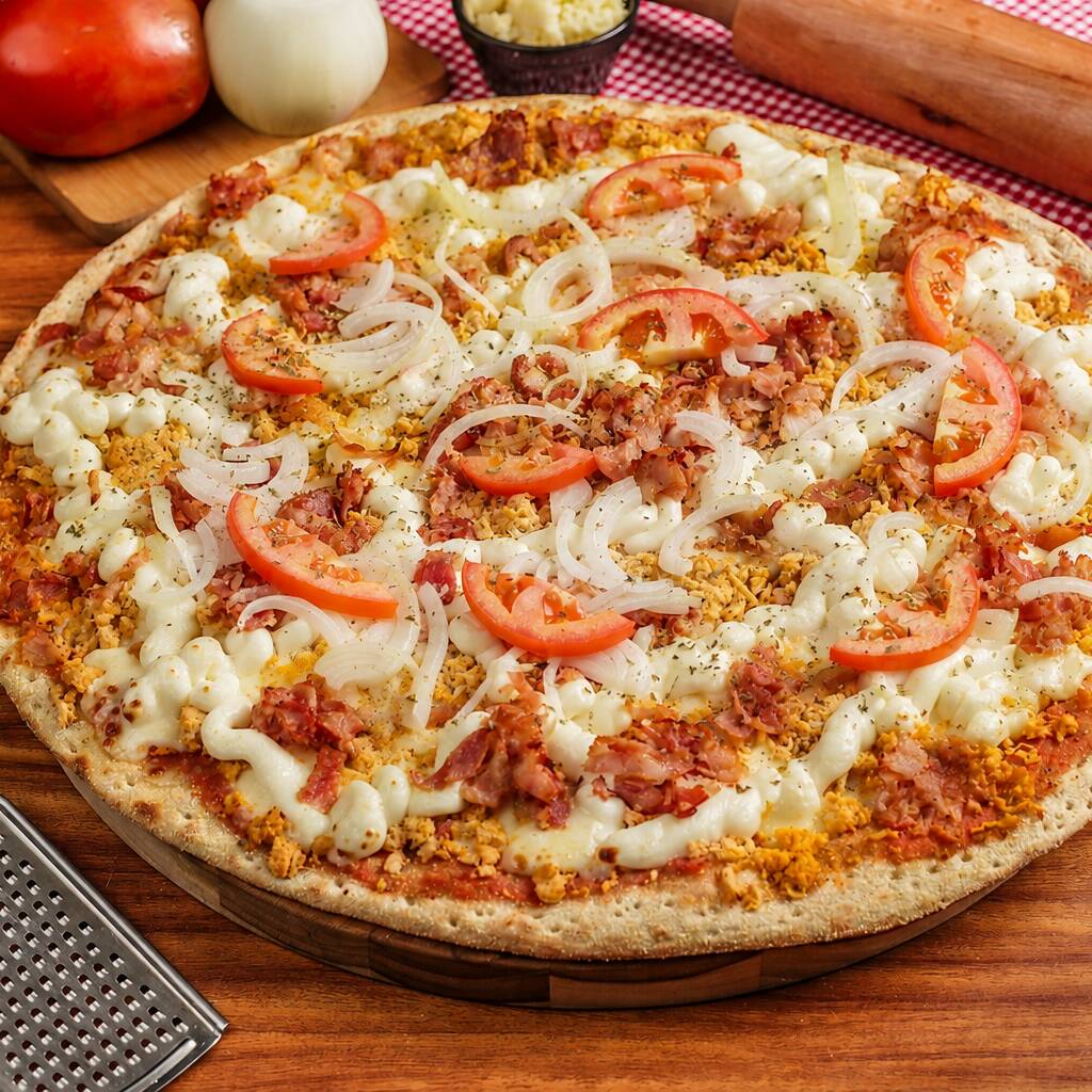 Massa artesanal, base de molho de tomate, queijo mossarela, frango desfiado, bacon, tomate, cebola e requeijão.