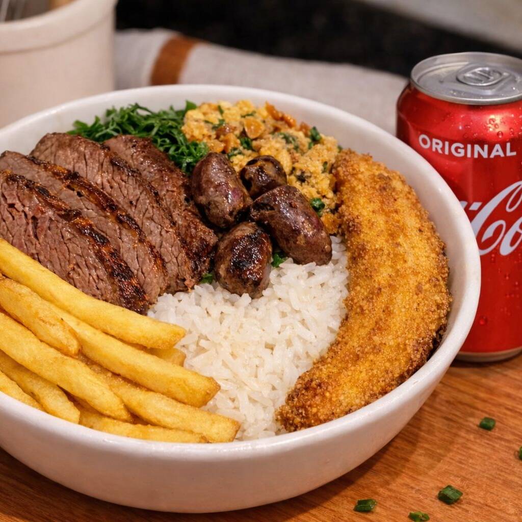 Marmitex pequena de alcatra e coração, acompanhamento arroz, feijão tropeiro ou feijão comum, fritas e banana à milanesa + 1 Coca Cola Lata 350ml