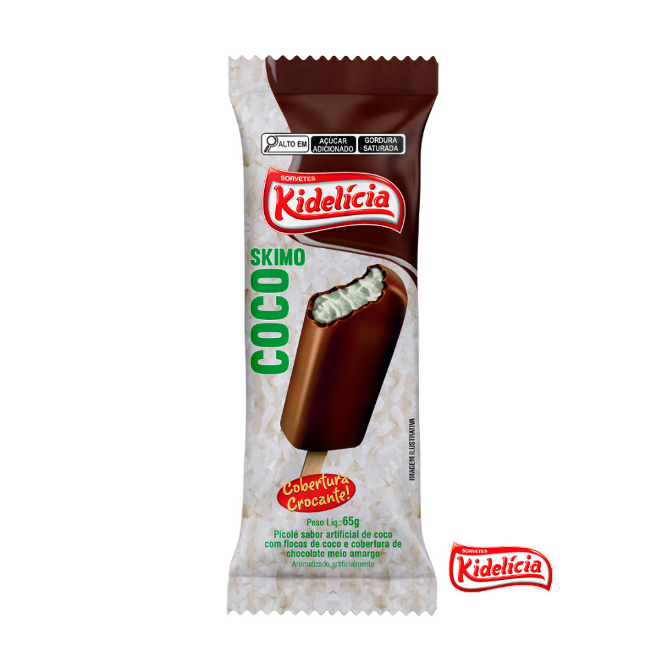 Picolé sabor artificial de coco com cobertura de chocolate meio amargo.