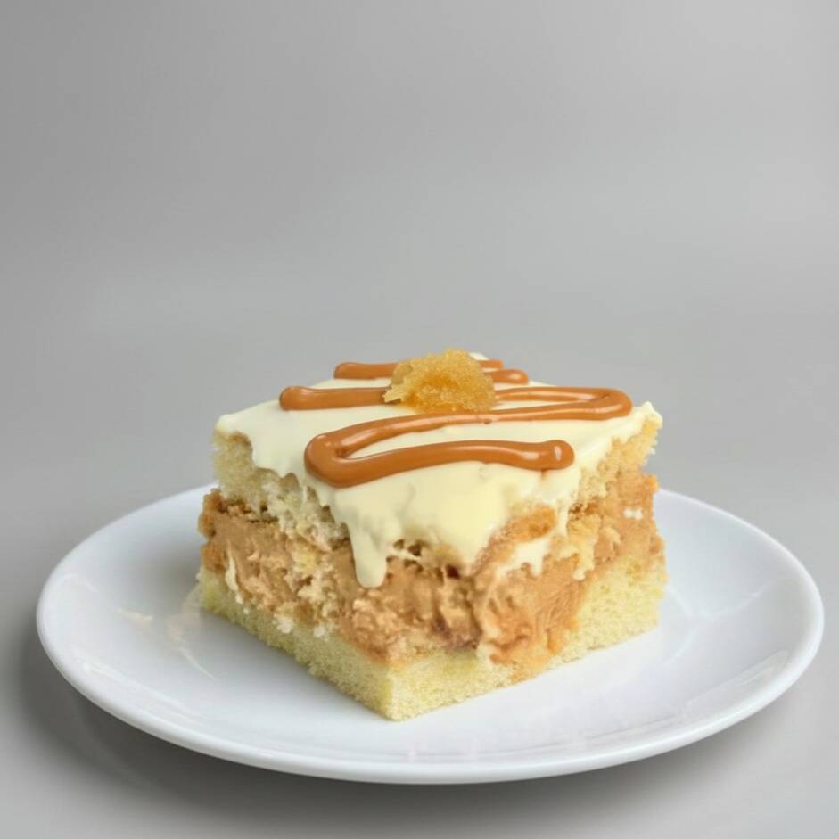 Massa de baunilha super molhadinha, recheada com abacaxi caramelizado e doce de leite. Finalizada com um cremoso creme de ninho, mais abacaxi caramelizado e um toque generoso de doce de leite.