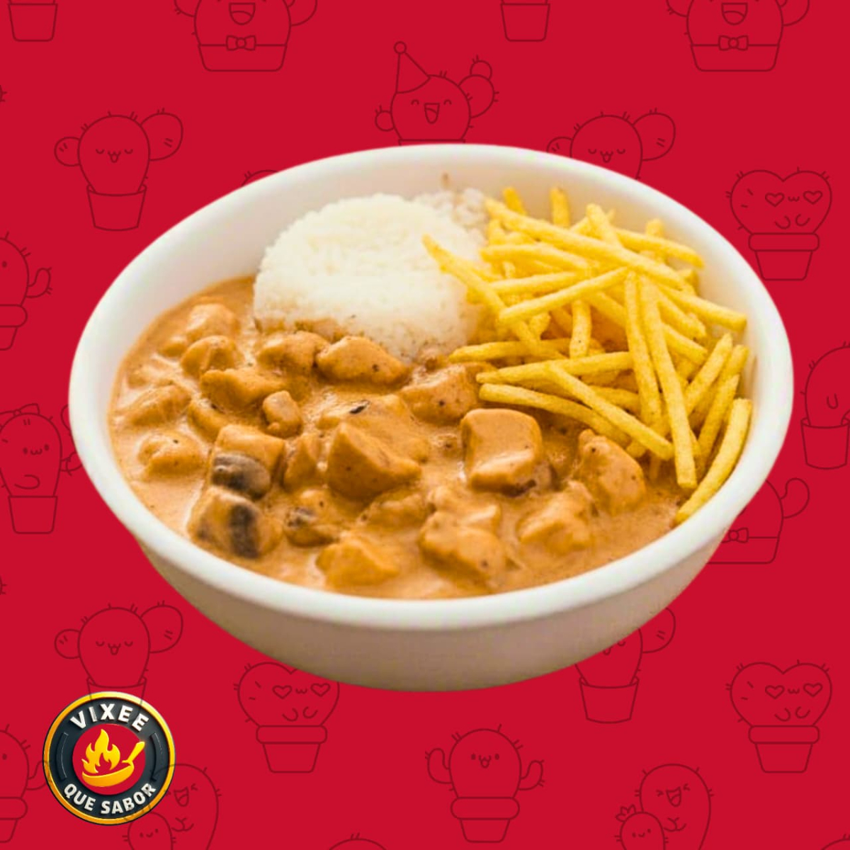 Estrogonofe de frango com bacon, arroz e batata palha