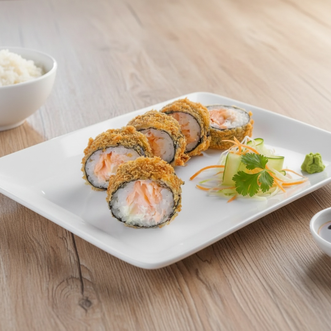 Sushi empanado e frito na Panko, recheado com salmão, cream cheese e alga.