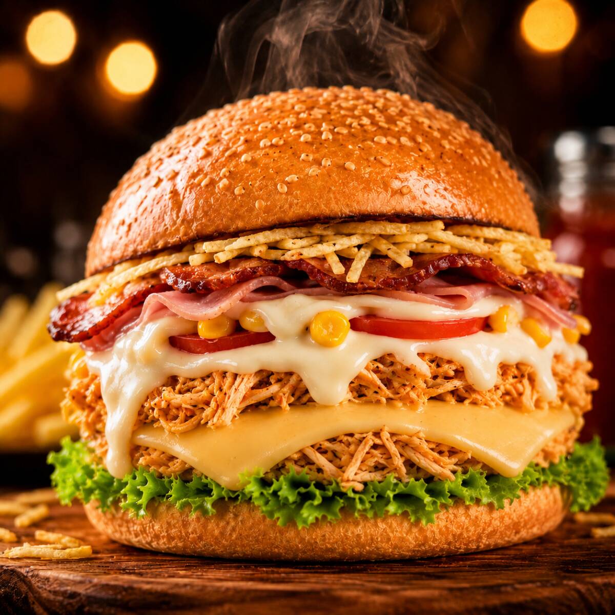 Delicie-se com o nosso 'Frango com Catupiry', uma das estrelas da categoria 'Sanduíches'. Pão,frango desfiado ,presunto,mussarela, catupiry,bacon,alface,tomate,milho e batata palha.Imagem meramente ilustrativa.