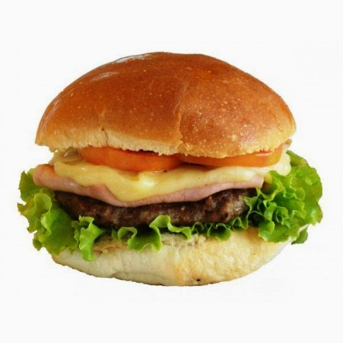 Pão, carne, queijo, presunto, tomate e alface