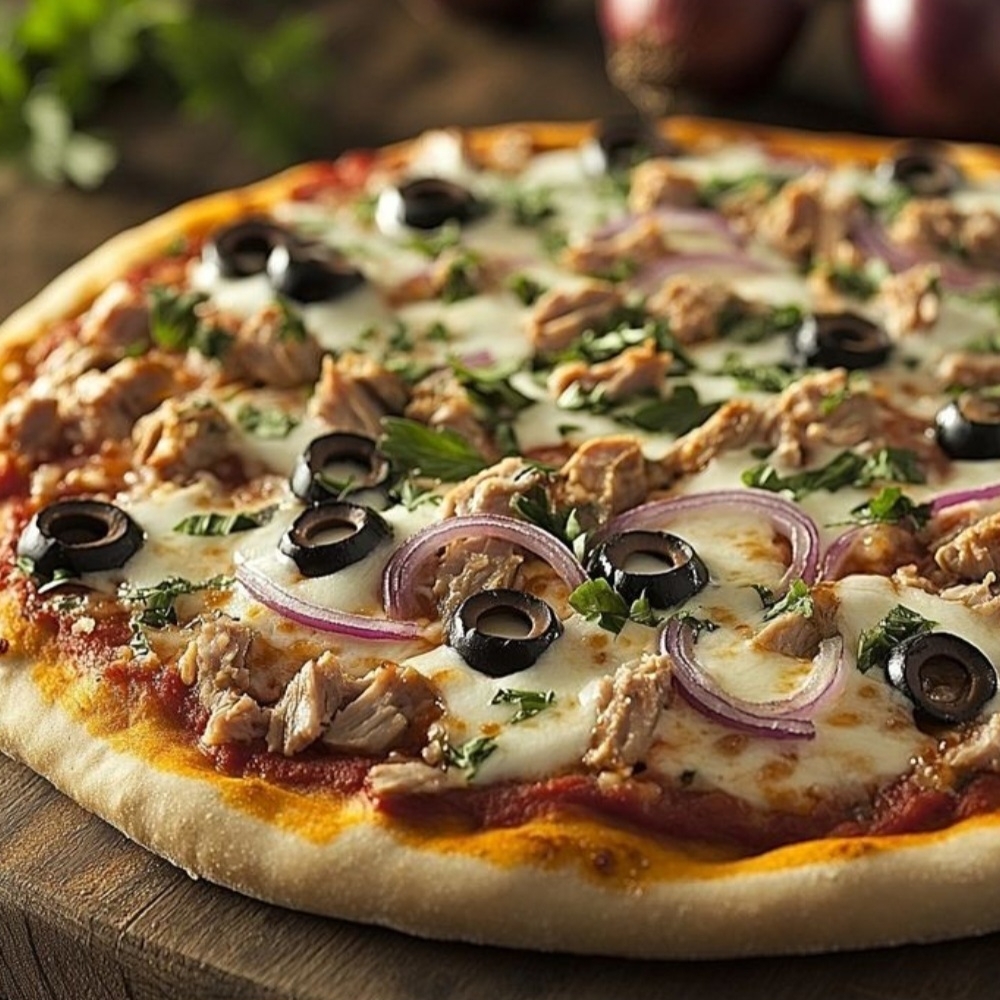 Atum, mussarela, cebola, tomate e orégano.