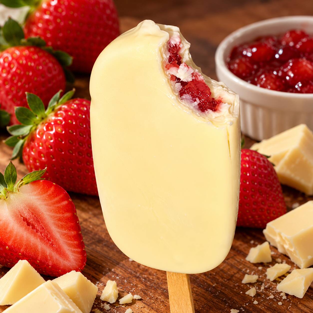 Picolé Trufado de Morango, recheado com geleia de morango e coberto com uma casquinha de chocolate branco. Uma combinação deliciosa entre o sabor do morango e a suavidade do chocolate branco.