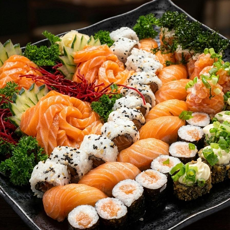 24 sashimis salmão, 8 hot rolls, 12 uramakis salmão, 8 hossomakis salmão, 9 niguirisushis salmão,3 gunka jyos salmão e 3 gunka jyos salmão crispy