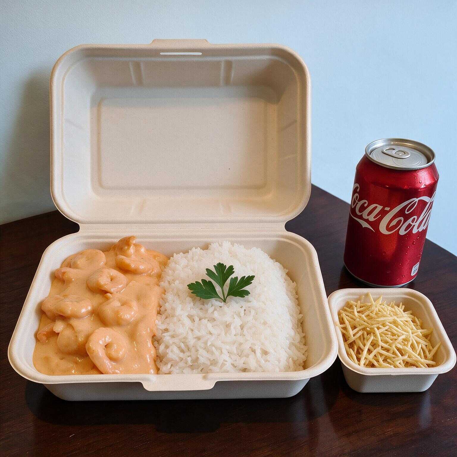 File de frango em cubos grelhado ao molho de mostarda, katchup e creme de leite; toque de conhaque e cogumelos grelhados. Acompanha arroz branco e batata palha.