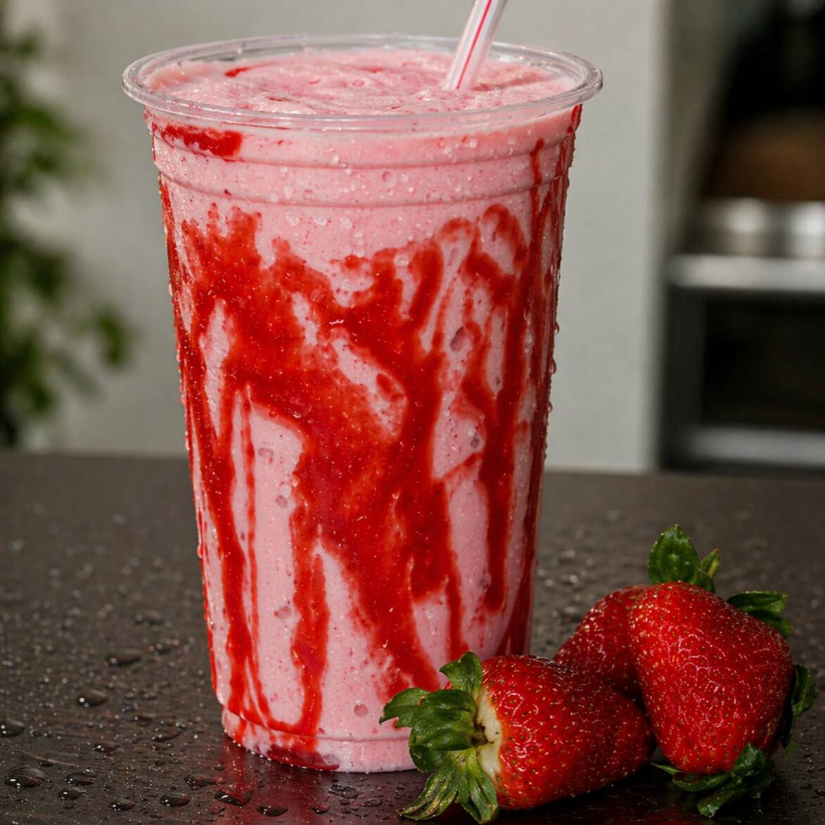Delicioso Milkshake Feito Com Base De Creme Americano E Morangos Orgânicos, Decorado Com Calda De Morango