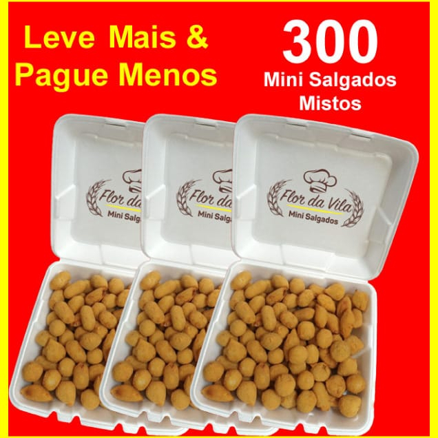 300 Mini Salgados Mistos - 5 Sabores: Coxinha, pres./queijo, enroladinho de salsicha, requeijão e rissole de carne. Embalagem isopor. Não podemos alterar os sabores deste item promocional.