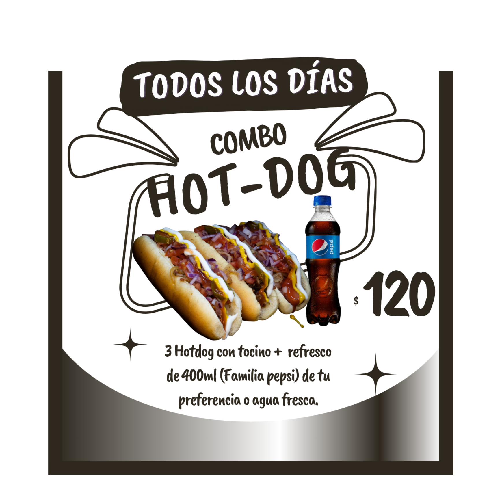 Combo 2 3 Hot Dogs con Tocino más Refresco