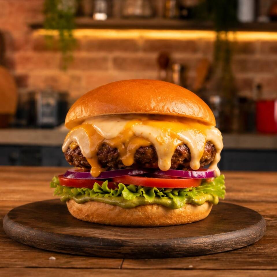 Pão brioche macio com aquele molho especial da casa, salada fresquinha de alface, tomate e cebola roxa, hambúrguer artesanal com 150gr de pura carne, queijo mussarela, queijo provolone, cheddar cremoso e um catupiry original, burguer extremamente cremoso e irresitível!!!