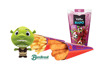 Combo Franlitos é composto de 4 Unidades de Franlitos + 1 Batata Palito P + 1 Del Valle Kapo + 1 Personagem Dreamworks.