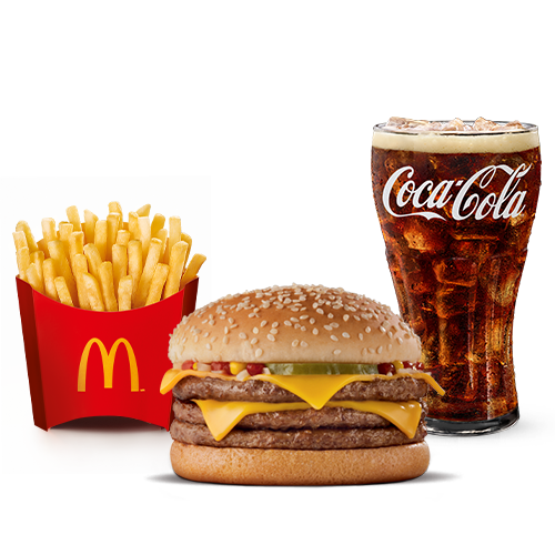 Três hambúrgueres (100% carne bovina), queijo cheddar, cebola, picles, ketchup, mostarda e pão com gergelim, acompanhamento e bebida.