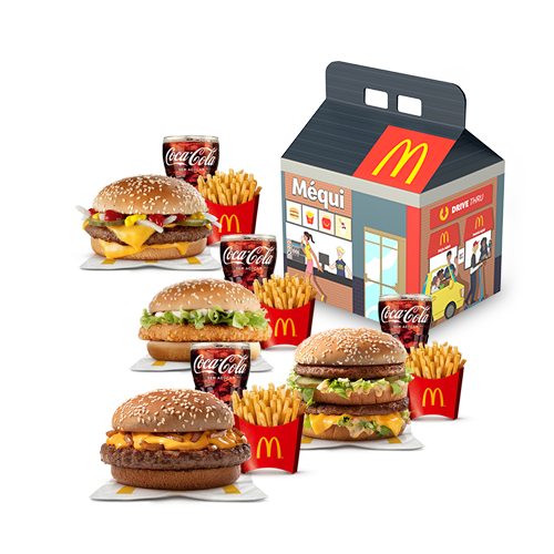 São 4 Mcofertas para você compartilhar com quem preferir #Méquinosofá. Escolha 4 (quatro) sanduíches entre as opções: Big Mac, Cheddar McMelt, Quarterão com Queijo, McChicken Bacon, McNífico Bacon, Duplo Quarterão ou Duplo Cheddar, 4 (quatro) McFritas Méd