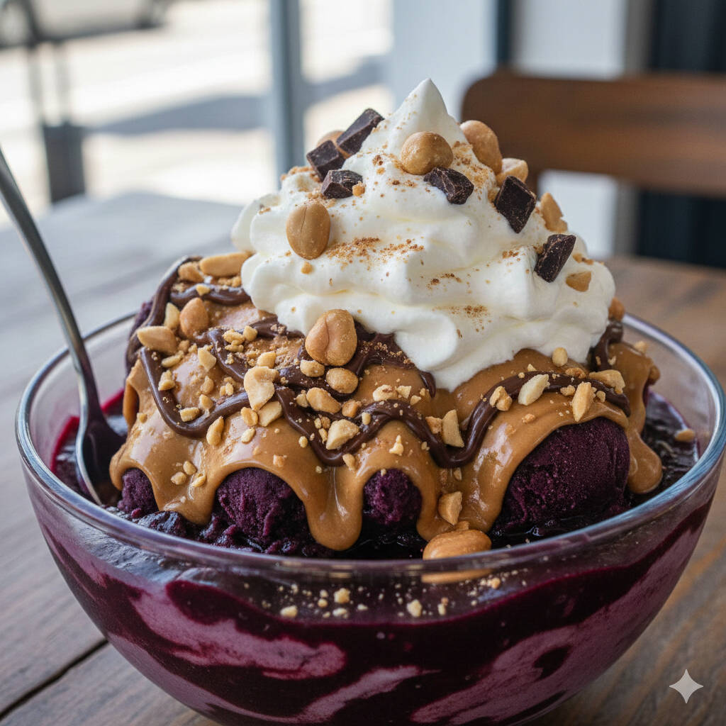 Creme de Açaí, Choquito artesanal com amendoim, paçoca e leite condensado. Todos os ingredientes vao montados nos copos