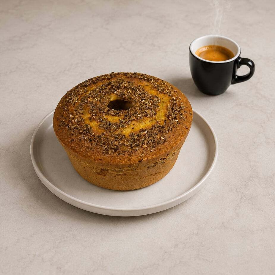 Bolo de fubá com erva doce. Tamanho médio. Aprox.500gr, serve em média 8 a 12 fatias.