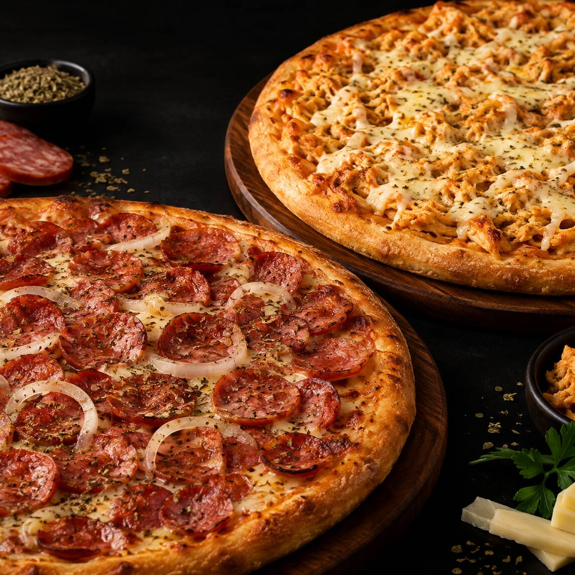 1 PIZZA (G) CALABRESA (8pedaços) + 1 PIZZA (G) FRANGO COM MUSSARELA (8 pedaços)