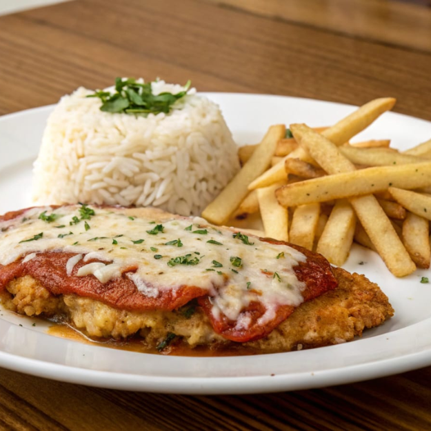 Filé de frango empanado com molho de tomate caseiro e queijo gratinado. Sabor irresistível! Acompanha arroz soltinho, feijão temperado, farofa crocante e macarrão.