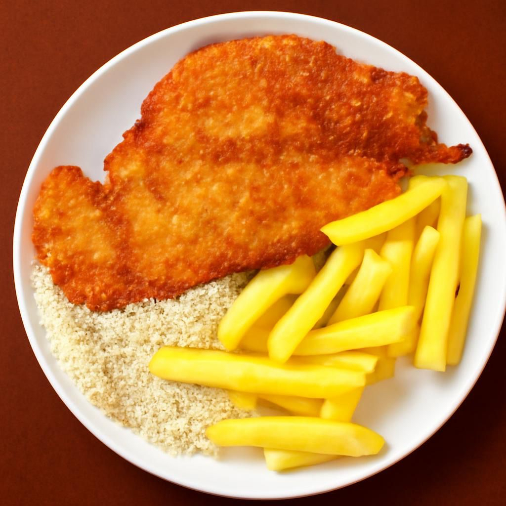 Frango à Milanesa: Deliciosos pedaços de frango empanados com uma crosta crocante e dourada, feitos com uma combinação especial de pão ralado e temperos. Um clássico da culinária italiana que conquista paladares com sua textura irresistível. Acompanhando arroz feijão macarrão farofa.