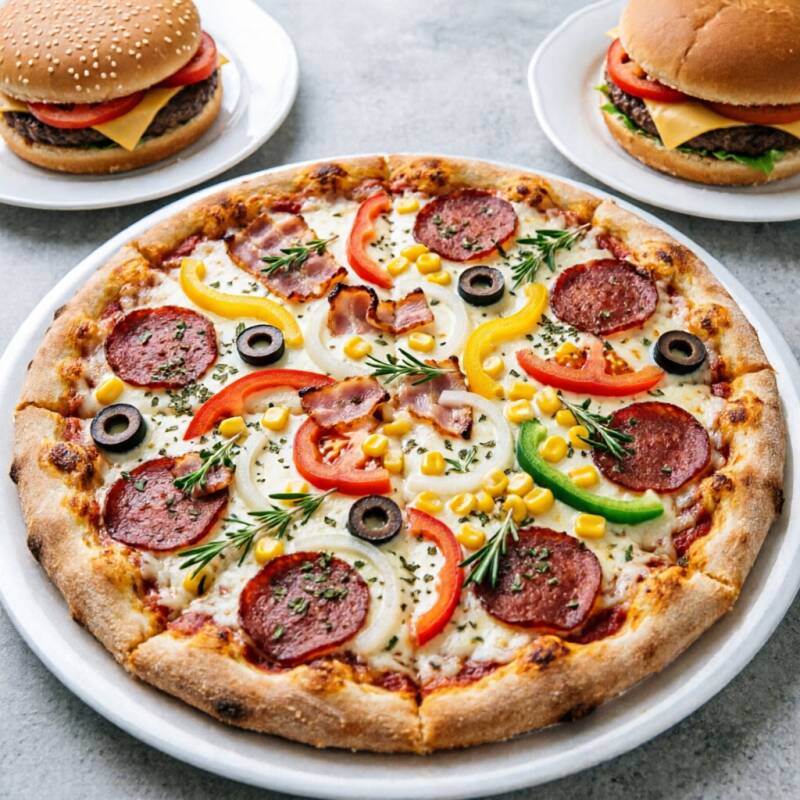 Massa, Molho de Tomate, Calabresa, Bacon, Milho, Cebola, Pimentão, Tomate, Azeitona, Mussarela E Orégano.