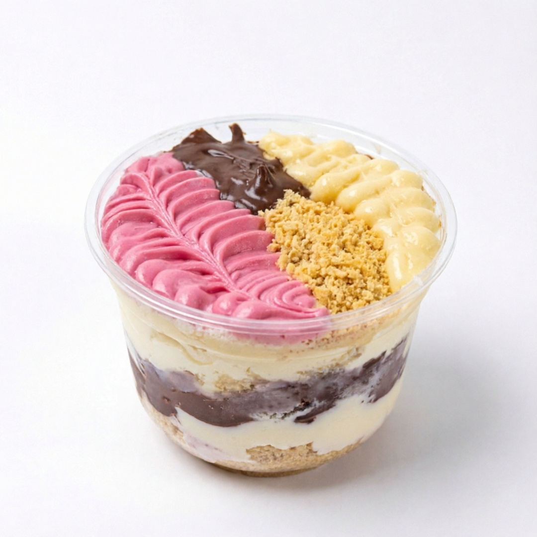 MOUSSE DE MORANGO CREME AVELÃ COM CACAU LEITE EM PÓ E AMENDOIM POR GRANULADO