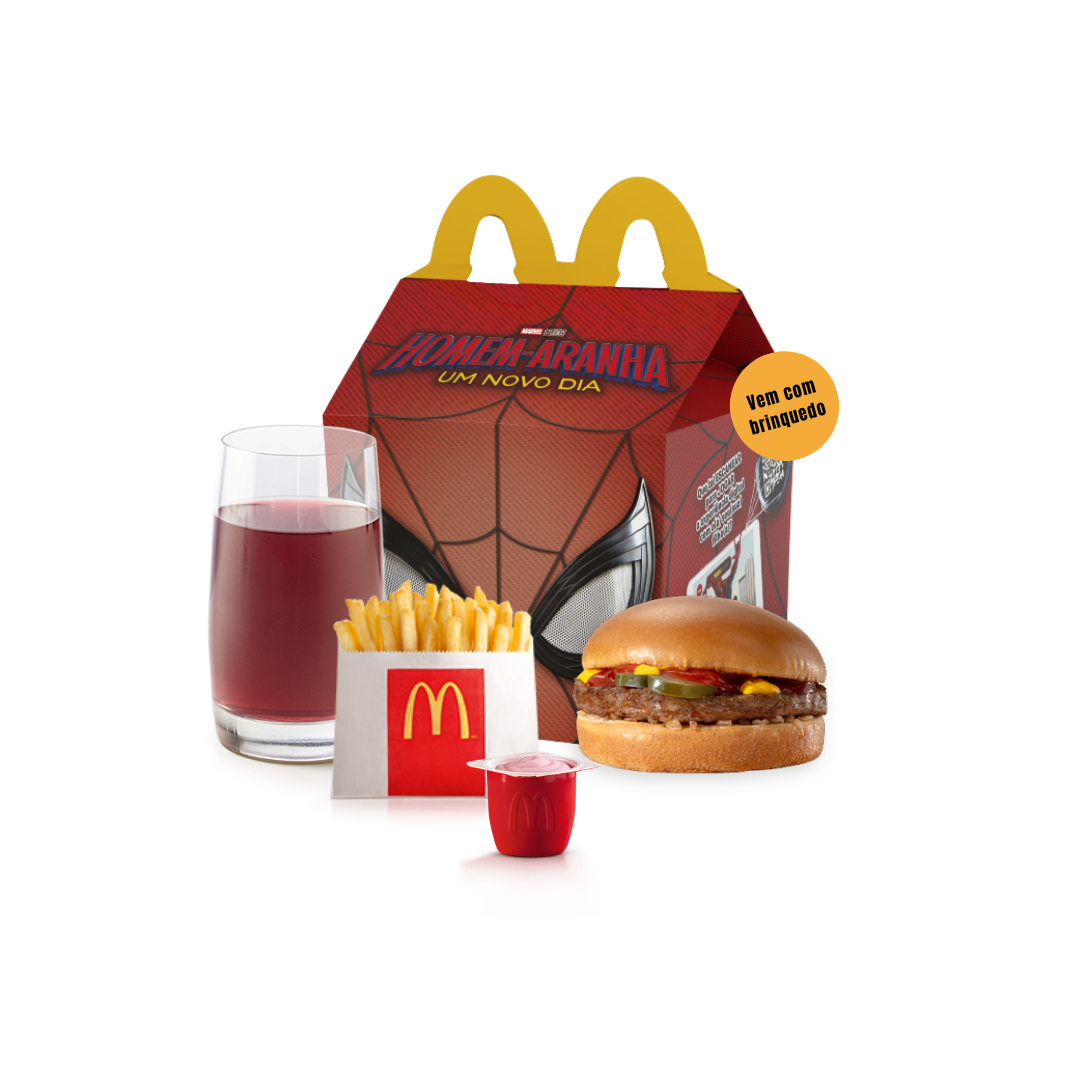 O McLanche Feliz acompanha sanduíche hambúrguer, McFritas como acompanhamento, uma refrescante bebida e Petit Suisse do Méqui como sobremesa. Brinquedo sujeito a disponibilidade de estoque por restaurante. Confira informações nutricionais em: mcdonalds.com.br/cardapio/ mclanche-feliz. Imagem Meramente Ilustrativa