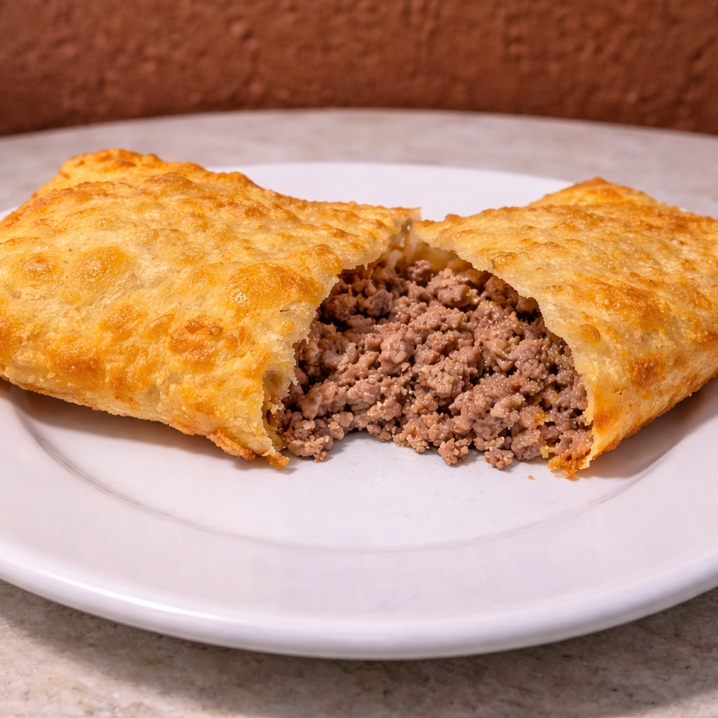 Pastel recheado com carne moída temperada e suculenta, frito até ficar crocante.