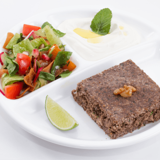 Quibe assado acompanhado de coalhada seca e salada fatuch. Prato com valor promocional, não realizamos troca de itens.