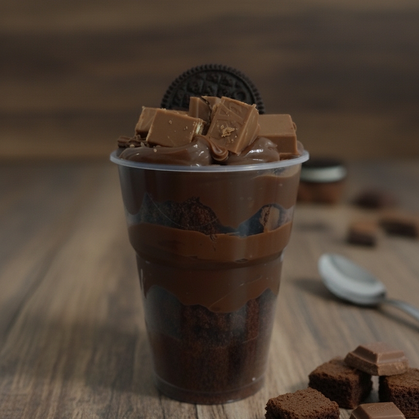 Para os amantes de chocolate , nosso copo é composto do nosso cremoso creme ao leite , gotas de chocolate , Nutella  , brownie e finalizado com biscoito Oreo e pedaços de KitKat.