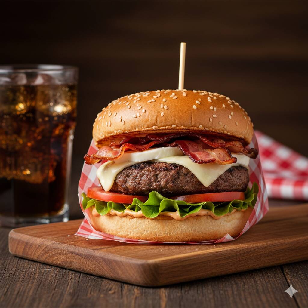 Pão, Hamburguer, Bacon, Presunto, Mussarela, Milho, Tomate, Alface, Batata Palha