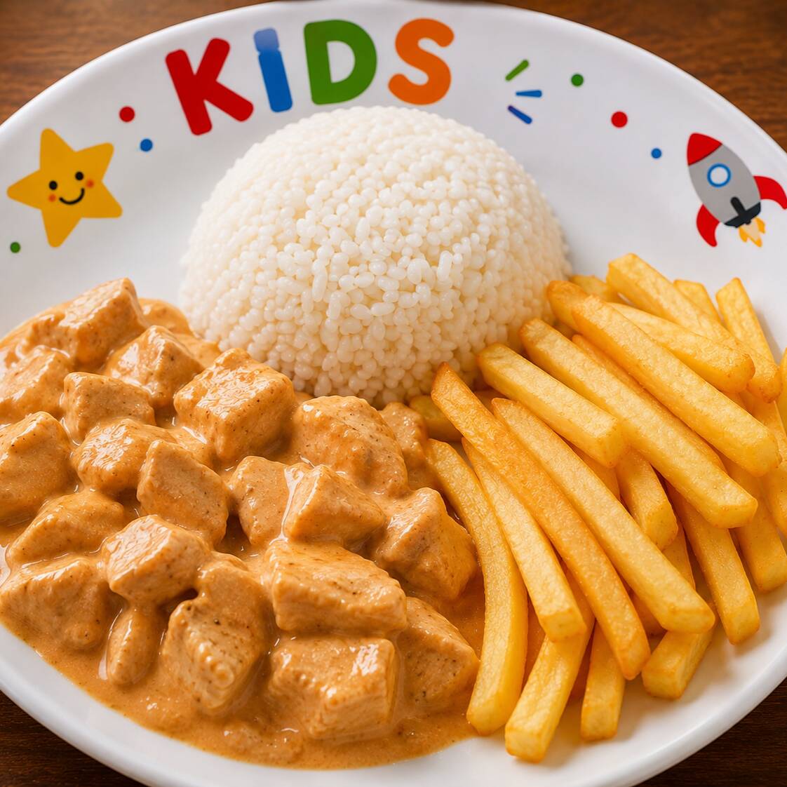 Strogonoff de frango cremoso, acompanhado de arroz e batata frita. Porção kids saborosa e na medida certa.