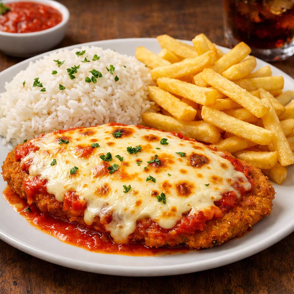 Marmita acompanha 150g de parmegiana de frango com muçarela gratinada, 250g de arroz branco soltinho e 50g de batata frita.