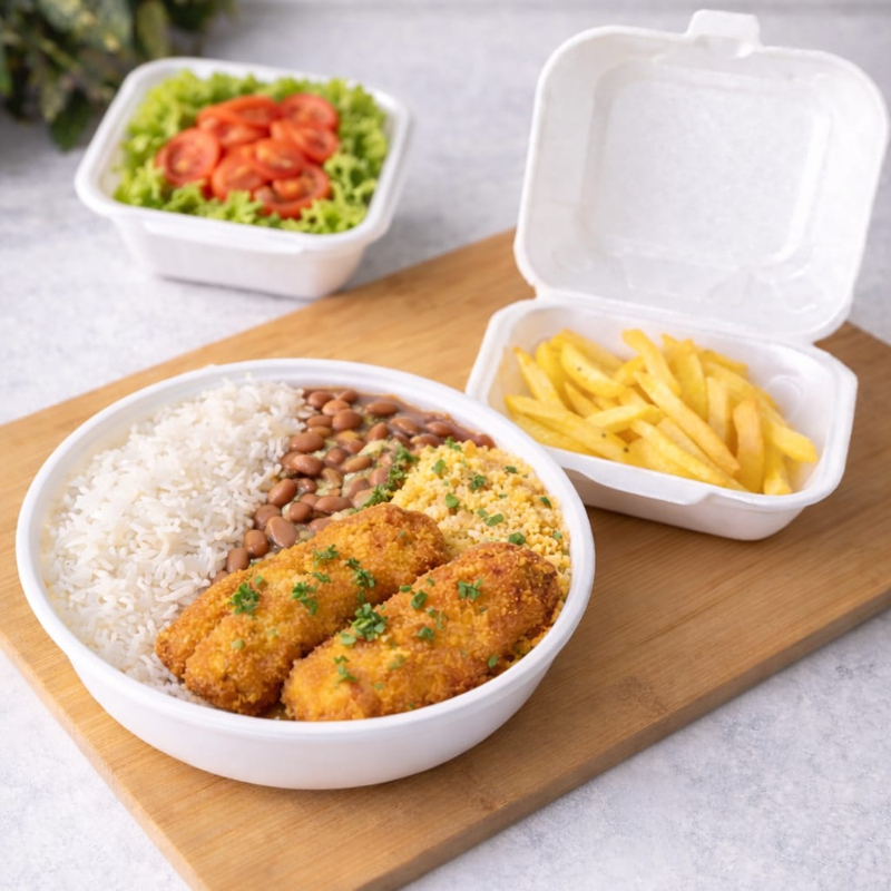 Nossa marmita acompanha um arroz bem fresquinho com um tempero caseiro, feijão com aquele caldo encorpado e com cheirinho de alho, farofa de bacon, e file de tilapia + batata frita + salada cortesia. Tamanho da sua escolha Caseiro e gostoso.l