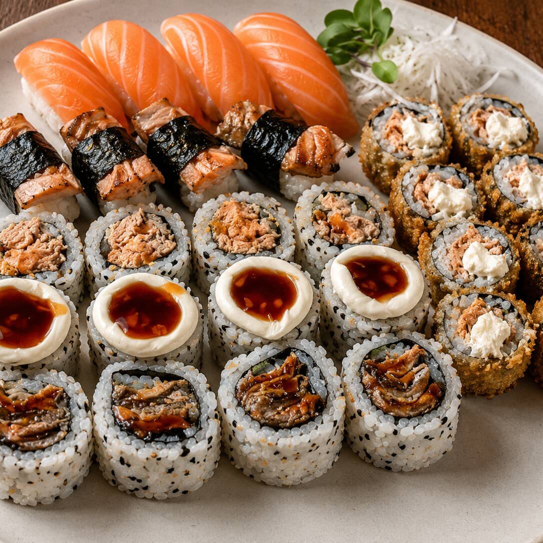 4 Sushi Shake (salmão);
4 Sushi Shake Kawa (pele de salmão grelhada);
4 Huramaki Shake Kawa (pele de salmão grelhada);
4 Huramaki Shake Kawa Geleia (pele de salmão grelhada e Geleia Pimenta);
4 Huramaki Skin (salmão grelhado);
8 Maki Hot Philadelphia (salmão e cream cheese - empanado).
*** Não É Permitida A Alteração Das Peças. ***