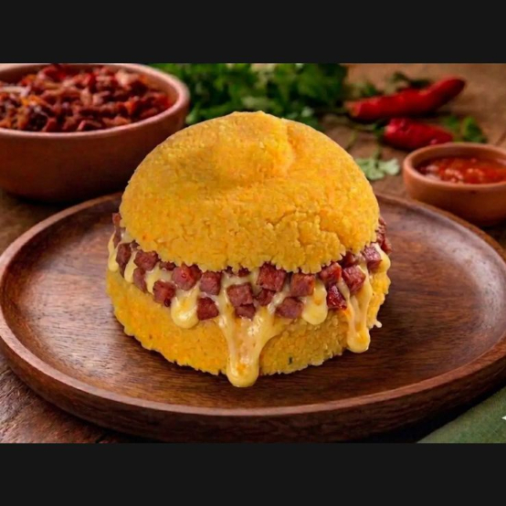 Massa de cuscuz molhadinha e fofinha recheada com linguiça calabresa e mussarela