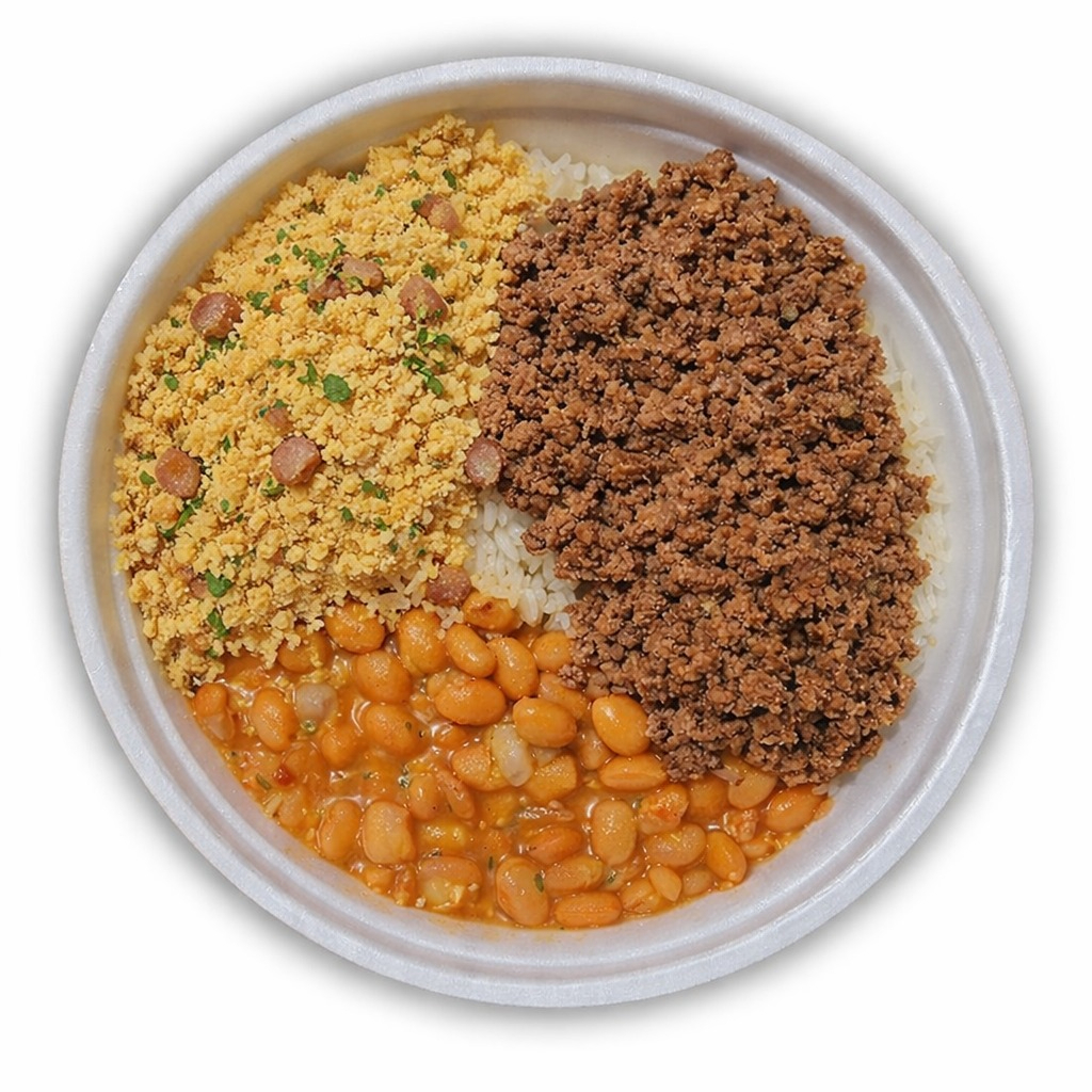 Suculenta Carne Moída no ponto certo, acompanhada de arroz soltinho, feijão caseiro e farofa crocante. Simples, completo e cheio de sabor!