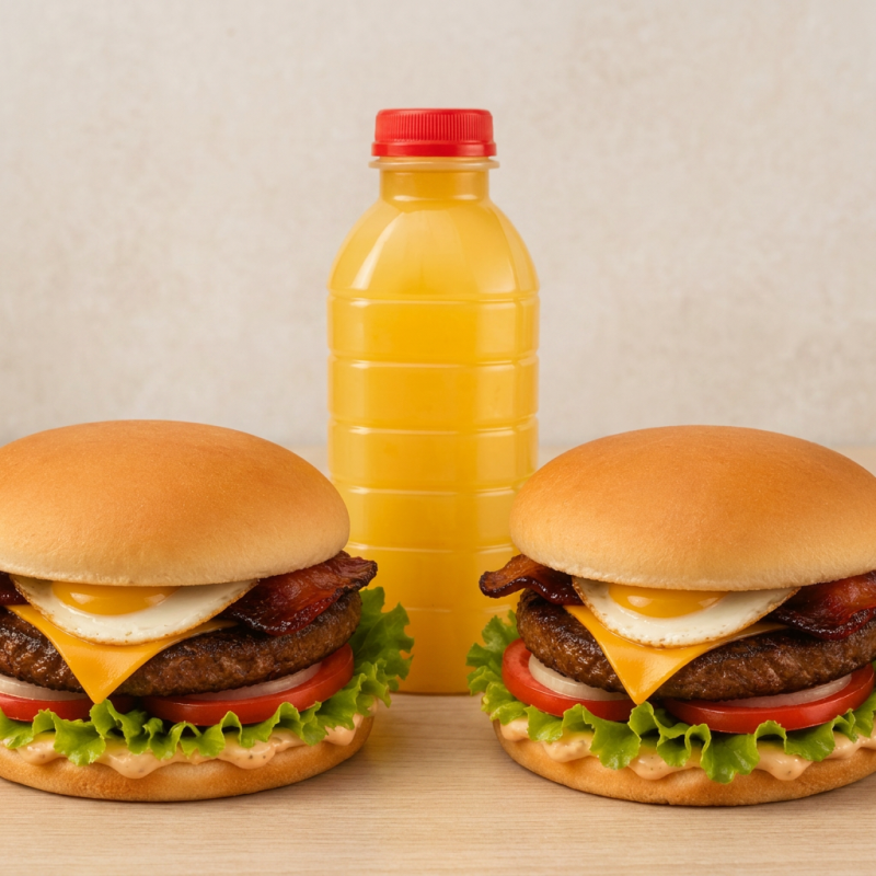 2. X-Tudo (Pão, carne, queijo, ovo, calabresa, bacon, presunto, salada (alface, pepino e tomate) e batata palha + 1. Garrafa de suco natural de Maracujá 1LT.
(Imagem ilustrativa)
