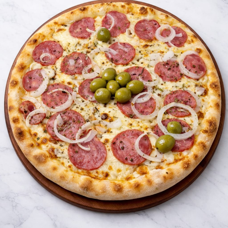 Massa da casa, molho de tomate, mussarela, orégano, azeitona verde, calabresa e cebola.