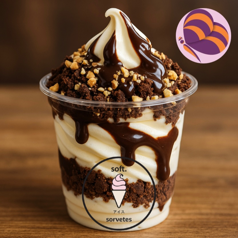 Soft. & Brigaderães se juntaram ! Conheça a nova sobremesa: ChocoSoft. Brownie Sorvete de Baunilha com Farofa de Brownie, Amendoins Crocantes e uma deliciosa Calda de Chocolate. Acompanha um canudo Biju. Imagem Meramente Ilustrativa.