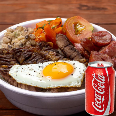 Até 2 Carnes Suculentas com Arroz Soltinho, Feijão de Caldo, Macarrão e Salada Fresca do Dia, Acompanhados de Uma Coca Bem Gelada.