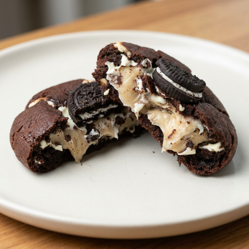 Um recheio de brigadeiro baunilha com muitos pedaços crocantes de biscoito (bolacha) Oreo com massa de cacau 100% com gotas de chocolate branco nobre.