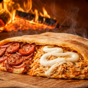 Delicioso Calzone Recheado com 2 Sabores Mais Vendidos, Frango Bem Temperado, Finalizado com Catupiry Original Cremoso, Muita Calabresa de Qualidade.